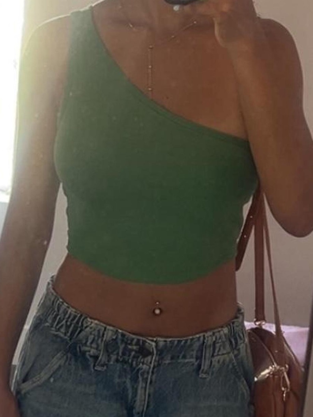 PINK Victoria's Secret One-Shoulder Green Crop Top